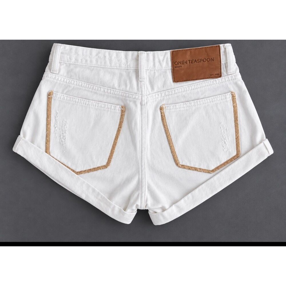 One Teaspoon Bandits White Distressed Denim Shorts Size 24 Cutoff